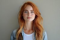 Young woman with natural red hair and freckles wearing casual white t-shirt and denim jacket smiling at camera against neutral gray background.