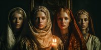 Four young women in ornate medieval headscarves holding candle creating atmospheric portrait with golden lighting and rich textures for historical storytelling.