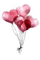 Pink heart-shaped balloons tied with black string on white background, watercolor style illustration for Valentine's Day cards, wedding invitations and romantic designs.