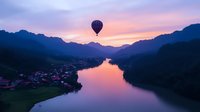 Hot air balloon floating over tranquil mountain lake at sunset, with small village nestled along shoreline reflecting pink and purple sky in calm waters.