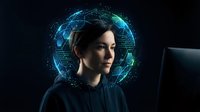 Young man with dark hair and East Asian ethnicity wearing dark hoodie, surrounded by glowing digital globe and network connections, representing technology, artificial intelligence, and digital innovation for web design and tech concepts.