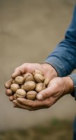 Farmer holding handful of walnuts in shell, displaying fresh harvest crop for agriculture, food production, and organic farming concepts.