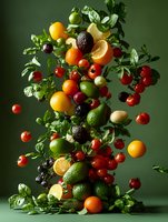 Fresh citrus fruits, limes, oranges and cherry tomatoes with green leaves floating and falling in dynamic composition against dark green background. Food photography.