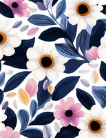 Seamless floral pattern with white and pink flowers, navy blue leaves on white background. Modern botanical print for fabric, wallpaper and surface design.