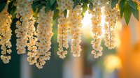 Cascading white wisteria flowers hanging against blurred sunset background create romantic garden atmosphere with soft bokeh lights and green foliage.