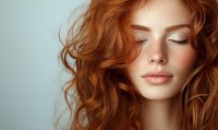 Young woman with natural red curly hair, freckles and closed eyes expressing serenity against light blue background. Gentle makeup and peaceful expression.