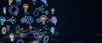 Neon glowing light bulbs and gears floating above digital circuit board, representing innovation, technology, and artificial intelligence concepts for business solutions.