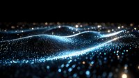 Glowing blue digital wave pattern with shimmering particles and light effects on dark background creates futuristic technology visualization landscape.