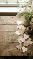 Rustic wooden table with paper heart garland, wildflowers in ceramic vase and twine spool creating romantic farmhouse decor for weddings and celebrations.