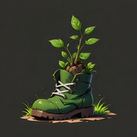 Green work boot with growing plant sprouts and leaves emerging from inside, set against dark background. Nature meets industrial design concept for eco-friendly themes.
