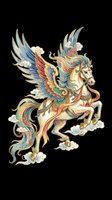 Ornate flying horse with colorful wings and gold accents in Asian art style, isolated on transparent background, for t-shirts, stickers, and print on demand.