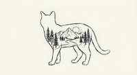 Cat silhouette with mountain landscape scene inside featuring pine trees and peaks on beige background isolated for design projects.