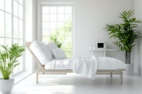Minimalist white bedroom interior with daybed, potted plants, and large windows creating bright, airy atmosphere. Clean contemporary design for modern living space.