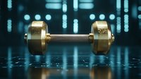 Golden dumbbell floating on reflective surface against futuristic digital background with glowing blue lights, concept of future fitness and smart training.