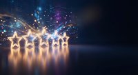 Five golden star awards standing on reflective surface with glowing lights and bokeh effects for business excellence recognition and achievement concepts.