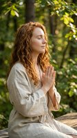 Peaceful young Caucasian woman with curly red hair meditating in prayer pose outdoors in natural forest setting with soft sunlight filtering through trees.