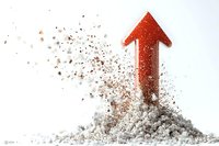 Red arrow breaking through debris and dust cloud on white background, symbolizing breakthrough, success, and overcoming obstacles in business and personal growth.