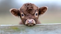 Brown cow with pink nose peering over wooden fence, looking directly at camera with curious expression. Farm animal portrait for agricultural, rural, and livestock content.