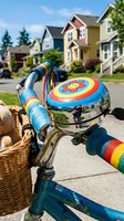 Colorful vintage bicycle with flower-decorated bell and wicker basket parked on suburban street lined with residential homes, perfect for childhood memories and neighborhood lifestyle concepts.