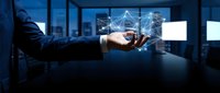 Businessman holding glowing network connections in modern office environment showcasing digital transformation and connectivity technology solutions.