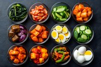 Korean side dishes in glass bowls featuring kimchi, pickled vegetables, marinated eggs, seaweed, and traditional banchan on dark stone background.