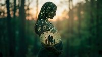 Pregnant woman silhouette with double exposure showing family scene inside belly, maternity concept for pregnancy announcements and family planning materials.