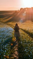 Woman walking through blooming flax field at golden hour sunset with warm sunlight and lens flares creating peaceful countryside atmosphere for wellness content.