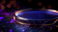 Glowing futuristic ring with geometric pattern emits blue and purple light against dark background with bokeh effects, creating sci-fi atmosphere.