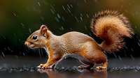 Red squirrel sitting on wet surface during rainfall with water droplets falling around fluffy tail and brown fur coat in natural outdoor setting.