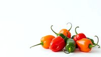 Fresh colorful hot chili peppers in red, orange and green varieties isolated on white background for culinary and cooking projects.