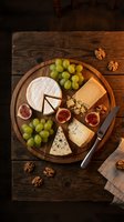 Wooden cheese board with assorted cheeses, fresh green grapes, figs, and walnuts arranged on dark rustic wood surface for entertaining and food styling.