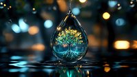 Glowing tree of life suspended in crystal water drop against blurred bokeh lights background, magical nature concept with turquoise and gold illumination.