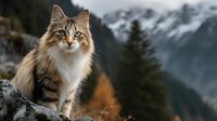 Majestic long-haired tabby cat sitting on rock with snow-capped mountains and autumn forest in background, showcasing wilderness and natural beauty.