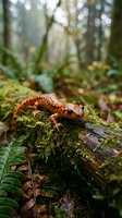 Orange spotted salamander on moss-covered log in lush forest habitat with ferns and natural woodland environment for wildlife and nature concepts.
