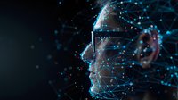 Digital profile with glowing network connections and particles on dark background showcasing artificial intelligence and machine learning technology advancement.