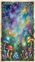 Enchanted forest scene with whimsical mushrooms, ornate botanical border, starry night sky with crescent moon, and magical glowing atmosphere. Perfect for fantasy art, mystical designs, and decorative projects.