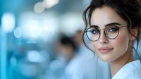 Young Caucasian woman wearing round glasses smiling at camera in office environment with soft blue bokeh background, professional corporate portrait.