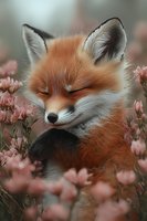 Sleeping red fox with closed eyes surrounded by delicate pink flowers in soft natural lighting, creating peaceful woodland atmosphere for nature and wildlife designs.