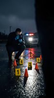 Crime scene investigator documenting evidence at night with numbered markers and police car lights illuminating wet asphalt during forensic investigation.