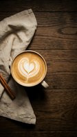 Coffee cup with heart latte art on rustic wooden table with linen napkin and cinnamon sticks for cozy cafe atmosphere and morning beverage concepts.