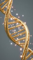 Golden DNA double helix structure with glowing particles for genetics research, biotechnology and medical science presentations.