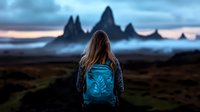 Young Caucasian woman with backpack admiring dramatic mountain peaks at sunset, standing on hill overlooking rugged wilderness landscape in moody atmospheric lighting.