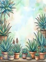 Watercolor succulent plants in terracotta pots frame border with soft pastel background for botanical design projects and home decor applications.