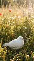 White dove sitting peacefully in wildflower meadow with poppies and lupines during golden hour sunlight creating serene natural scene for peace concepts.