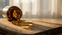 Amber glass medicine bottle with yellow capsules spilled on wooden surface in warm natural light for healthcare and pharmaceutical concepts.