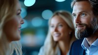 Mature bearded businessman in blue suit smiling during evening meeting with blonde female colleagues, bokeh lights background creates professional atmosphere.