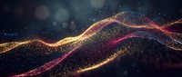 Glowing golden and crimson particle waves flow across dark background, creating dynamic light trails and bokeh effects for digital design and motion graphics projects.