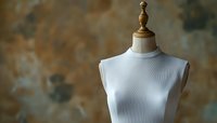 White sleeveless ribbed top on vintage mannequin torso against textured brown background, fashion retail display setup for clothing presentation.