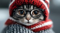 Adorable gray tabby cat wearing glasses, red knitted winter hat and matching scarf, looking directly at camera with expressive brown eyes. Close up portrait.