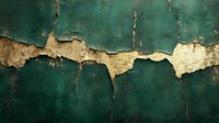Cracked emerald green wall with peeling paint and exposed rough concrete texture, creating abstract pattern of decay and weathered surface. Artistic urban background.